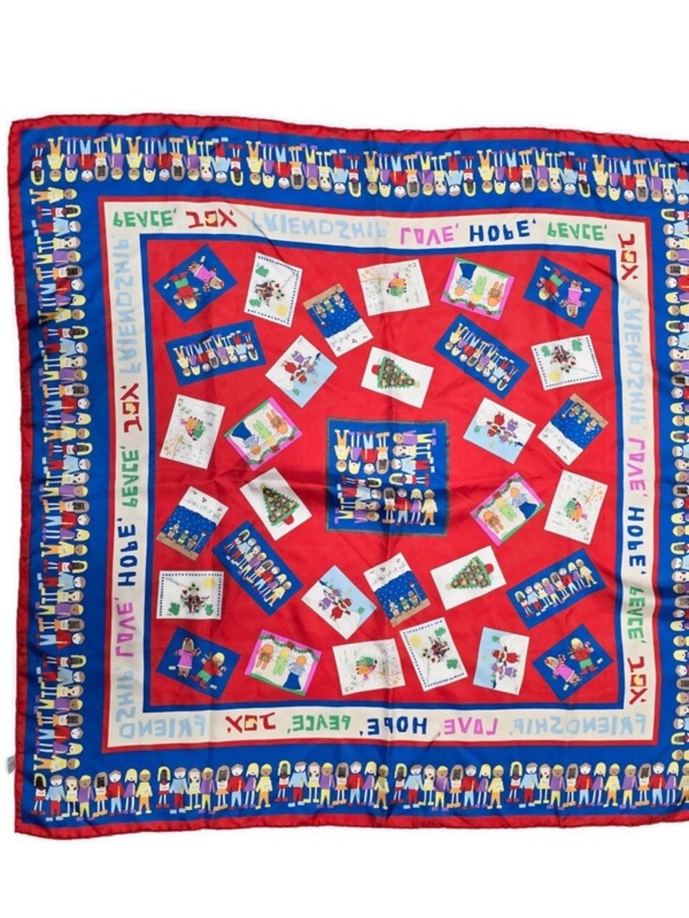 Kids Art Silk Scarf Womens One Size Red Blue Square Peace Love Joy Hope Holiday